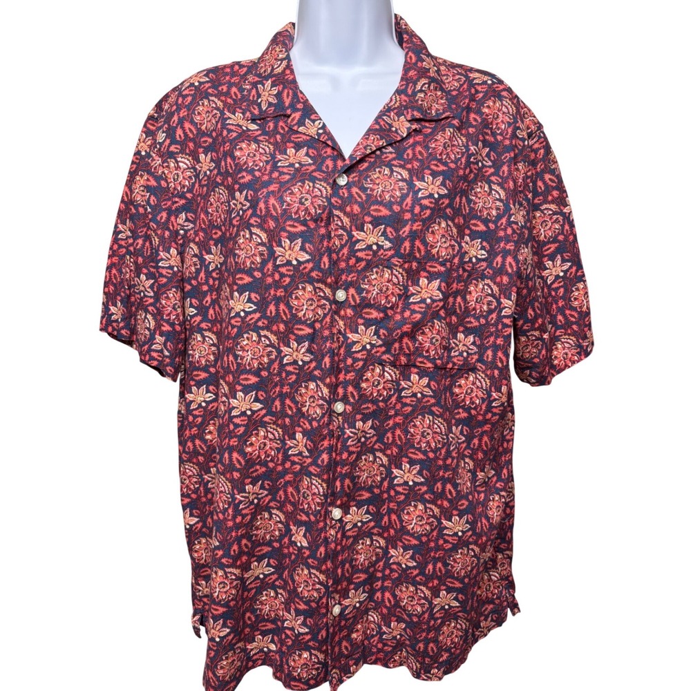 GAP Mens Navy Red Linen Cotton Floral Camp Collar Short Sleeve Shirt L Tropical